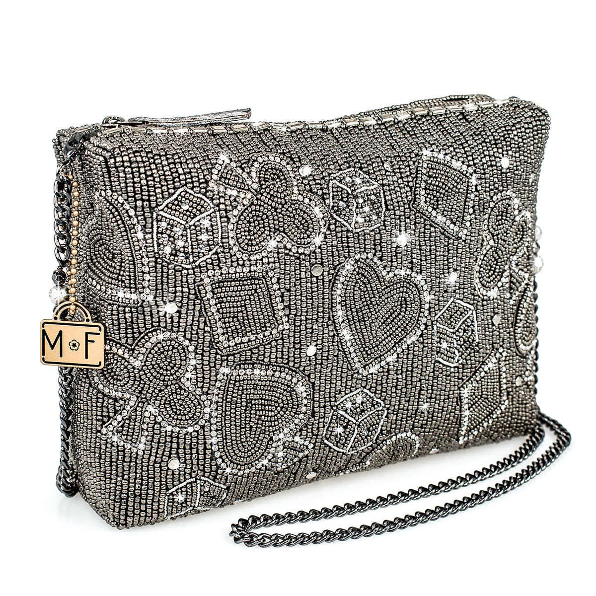 Well Suited Cards and Dice Black Beaded Crossbody Handbag