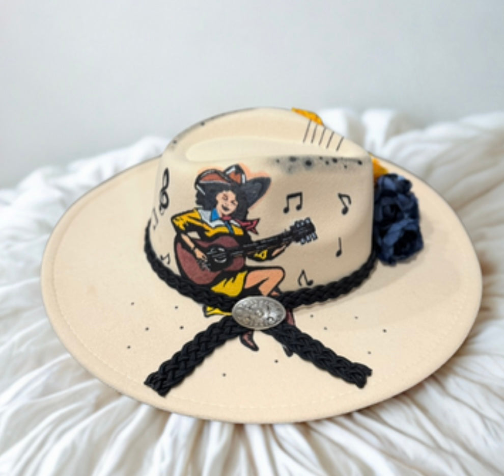 🎶 Hand-Painted Western Dream Hat - Guitar & Music Notes! 🤠