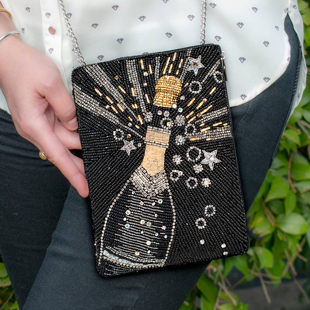 Bubbly Mini Beaded Champagne Bottle Crossbody Handbag