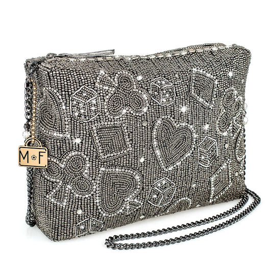 Well Suited Cards and Dice Black Beaded Crossbody Handbag