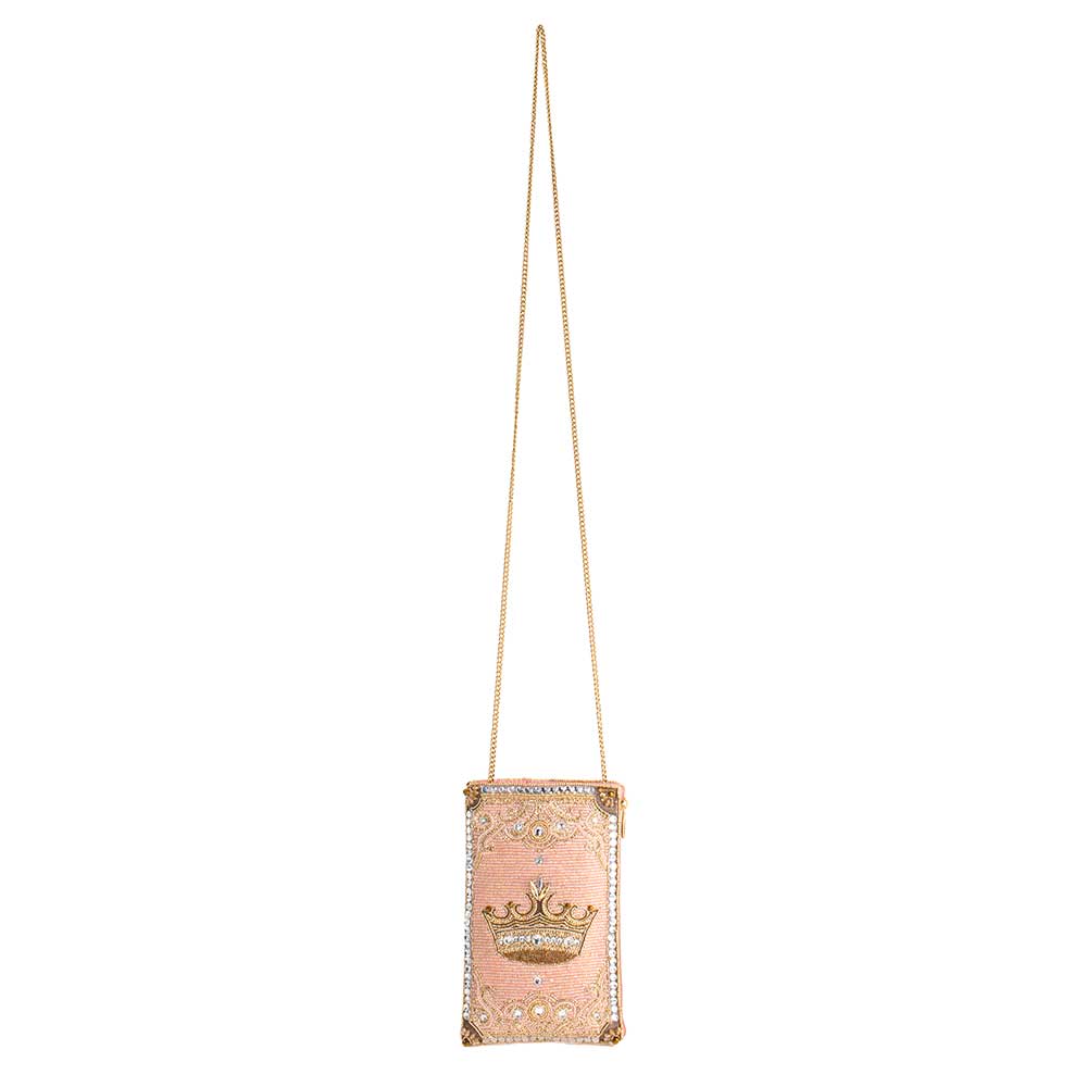 Crowned Jewel Beaded Pink and Gold Crown Crossbody Phone Bag