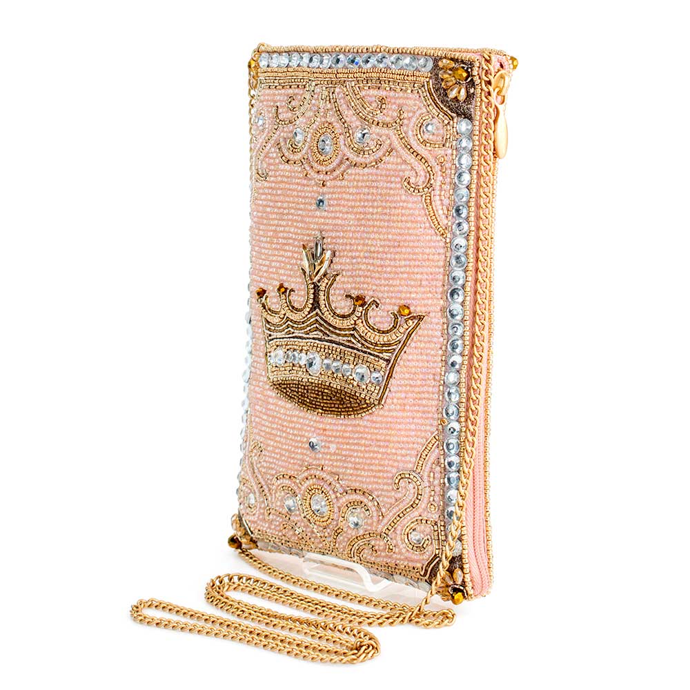 Crowned Jewel Beaded Pink and Gold Crown Crossbody Phone Bag